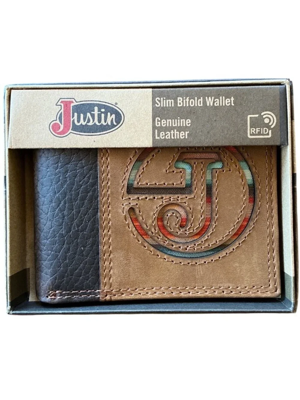 Justin RFID Slim Bifold Wallet Brown Genuine Leather Logo New Box